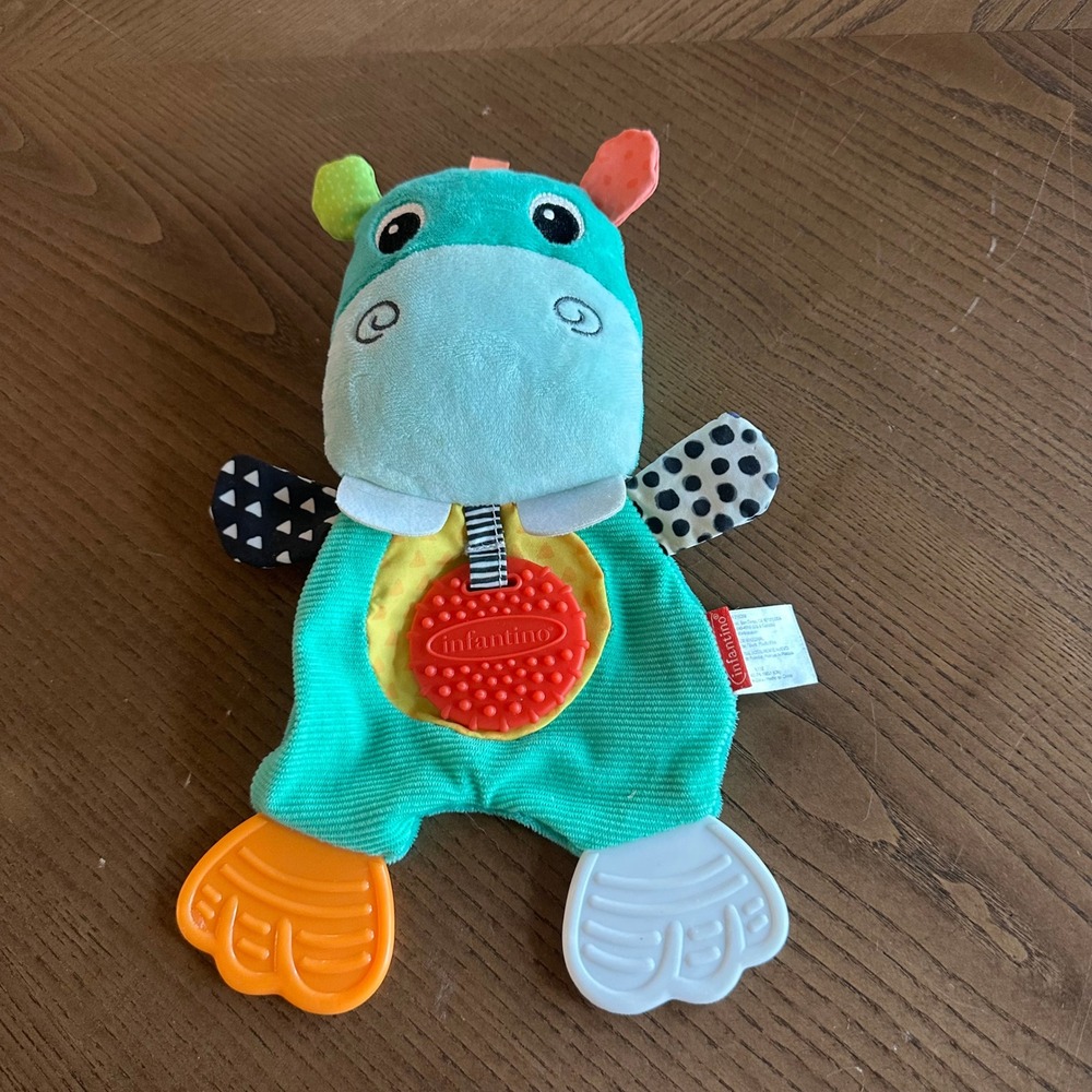 Infantino Cuddle Up Chime Hippo Sensory Plush Teether Toy Teal Orange White
